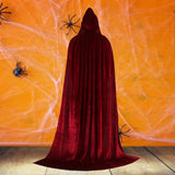 Maxbell Velvet Hooded Cloak Long Robe Witch Capes Halloween Costume 150cm Wine red