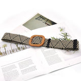 Maxbell Stylish Wide Straw Woven Waist Belt Elastic Female Party Buckle stripe