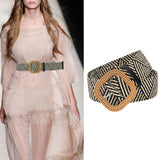 Maxbell Stylish Wide Straw Woven Waist Belt Elastic Female Party Buckle stripe