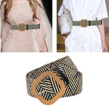 Maxbell Stylish Wide Straw Woven Waist Belt Elastic Female Party Buckle stripe