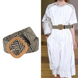 Maxbell Stylish Wide Straw Woven Waist Belt Elastic Female Party Buckle stripe