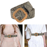 Maxbell Stylish Wide Straw Woven Waist Belt Elastic Female Party Buckle stripe