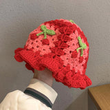 Maxbell Hollow Cherry Bucket Hat Knitted Summer Fruit Women Crochet Spring Costume