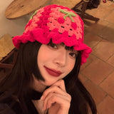 Maxbell Hollow Cherry Bucket Hat Knitted Summer Fruit Women Crochet Spring Costume