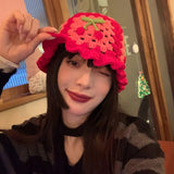 Maxbell Hollow Cherry Bucket Hat Knitted Summer Fruit Women Crochet Spring Costume