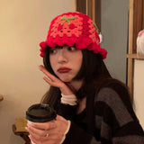 Maxbell Hollow Cherry Bucket Hat Knitted Summer Fruit Women Crochet Spring Costume