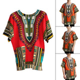 Maxbell Unisex African Dashiki Shirt V Neck Short Sleeve Comfortable Summer Wear One Size  Red
