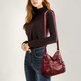 Maxbell Women Leather Shoulder Bag Vacation Casual Travel Bag Multi Layer Lady Red