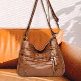 Maxbell Women Leather Shoulder Bag Vacation Casual Travel Bag Multi Layer Lady Brown