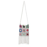 Maxbell Hand Crocheted Shoulder Bag Woven Tassel Bohemian for Beach Summer White
