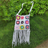 Maxbell Hand Crocheted Shoulder Bag Woven Tassel Bohemian for Beach Summer White