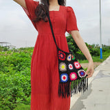 Maxbell Hand Crocheted Shoulder Bag Woven Tassel Bohemian for Beach Summer Black