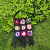 Maxbell Hand Crocheted Shoulder Bag Woven Tassel Bohemian for Beach Summer Black