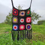 Maxbell Hand Crocheted Shoulder Bag Woven Tassel Bohemian for Beach Summer Black