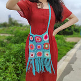 Maxbell Hand Crocheted Shoulder Bag Woven Tassel Bohemian for Beach Summer Blue