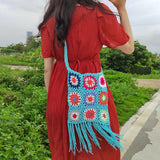 Maxbell Hand Crocheted Shoulder Bag Woven Tassel Bohemian for Beach Summer Blue