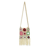 Maxbell Hand Crocheted Shoulder Bag Woven Tassel Bohemian for Beach Summer Beige