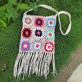 Maxbell Hand Crocheted Shoulder Bag Woven Tassel Bohemian for Beach Summer Beige