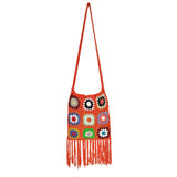 Maxbell Hand Crocheted Shoulder Bag Woven Tassel Bohemian for Beach Summer Orange