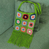 Maxbell Hand Crocheted Shoulder Bag Woven Tassel Bohemian for Beach Summer Green