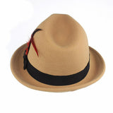 Maxbell Unisex Panama Jazz Hat Short Brim Feather Decorated Sunhat Fedora Hats Khaki