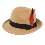 Maxbell Unisex Panama Jazz Hat Short Brim Feather Decorated Sunhat Fedora Hats Khaki