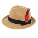 Maxbell Unisex Panama Jazz Hat Short Brim Feather Decorated Sunhat Fedora Hats Khaki