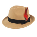 Maxbell Unisex Panama Jazz Hat Short Brim Feather Decorated Sunhat Fedora Hats Khaki