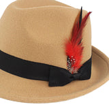 Maxbell Unisex Panama Jazz Hat Short Brim Feather Decorated Sunhat Fedora Hats Khaki