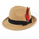 Maxbell Unisex Panama Jazz Hat Short Brim Feather Decorated Sunhat Fedora Hats Khaki