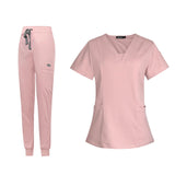 Maxbell Female Scrub Set Nurse v neckline Machine Washable Short Sleeves Suit M Pink
