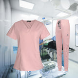 Maxbell Female Scrub Set Nurse v neckline Machine Washable Short Sleeves Suit L Pink