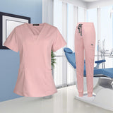 Maxbell Female Scrub Set Nurse v neckline Machine Washable Short Sleeves Suit L Pink