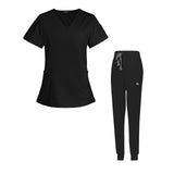 Maxbell Female Scrub Set Nurse v neckline Machine Washable Short Sleeves Suit M  Black