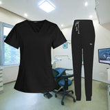 Maxbell Female Scrub Set Nurse v neckline Machine Washable Short Sleeves Suit M  Black