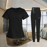 Maxbell Female Scrub Set Nurse v neckline Machine Washable Short Sleeves Suit M  Black