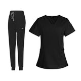 Maxbell Female Scrub Set Nurse v neckline Machine Washable Short Sleeves Suit L  Black