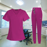 Maxbell Female Scrub Set Nurse v neckline Machine Washable Short Sleeves Suit L Rose Red