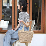 Maxbell Fashion Straw Woven Handbag Travel Handmade Summer Beach Shoulder Bags Boho beige