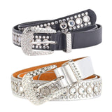 Maxbell Rhinestones Belt Fashion PU Leather Crystal Belts Waistband for Dress Pants Black