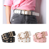 Maxbell Double Grommet Punk Belt Double Prong Buckle Hollow Accessories for Pants Black
