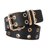 Maxbell Double Grommet Punk Belt Double Prong Buckle Hollow Accessories for Pants Black