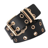 Maxbell Double Grommet Punk Belt Double Prong Buckle Hollow Accessories for Pants Black