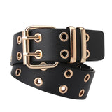 Maxbell Double Grommet Punk Belt Double Prong Buckle Hollow Accessories for Pants Black