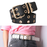 Maxbell Double Grommet Punk Belt Double Prong Buckle Hollow Accessories for Pants Black
