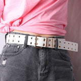 Maxbell Double Grommet Punk Belt Double Prong Buckle Hollow Accessories for Pants White