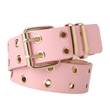 Maxbell Double Grommet Punk Belt Double Prong Buckle Hollow Accessories for Pants Pink