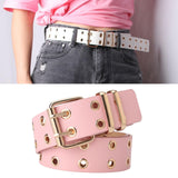 Maxbell Double Grommet Punk Belt Double Prong Buckle Hollow Accessories for Pants Pink