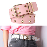 Maxbell Double Grommet Punk Belt Double Prong Buckle Hollow Accessories for Pants Pink