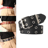 Maxbell Double Grommet Belt PU Leather Punk Double Prong Buckle for Men Women Black